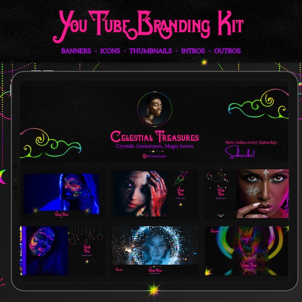 YouTube Branding Kit | Spiritual Thumbnails, Banners, Intro & Outro | Mystic Channel Art Templates in Canva | Tarot, Astrology and Crystals