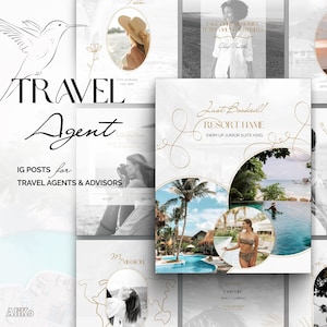May include: A white and gold graphic design with the text "TRAVEL Agent" and "IG POSTS for TRAVEL AGENTS & ADVISORS". The graphic also includes a hummingbird illustration and a stylized image of a resort with a pool and palm trees. The text "Just Booked! RESORT NAME SWIM UP JUNIOR SUITE KING" is also included.