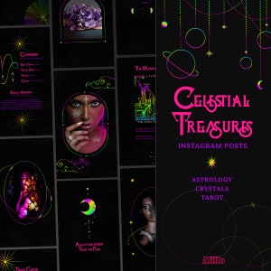 May include: A collection of Instagram posts with a celestial theme. The posts feature images of crystals, tarot cards, and astrology signs. The text "Celestial Treasures" is displayed in pink letters with a neon glow. The text "Astrology, Crystals, Tarot" is displayed in white letters with a neon glow. The text "Aliko" is displayed in white letters with a neon glow.