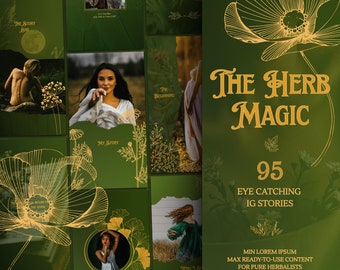 Modelli di storie spirituali di Instagram: verde, oro, floreale, estetici in Canva / Storie mistiche di IG / Negozio di erbe / Social media stregoneschi