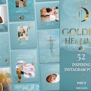 Spiritual Instagram Post Templates: blue, gold, magical | Canva Templates for Energy & Crystal Healing | Moon and astrology IG social media