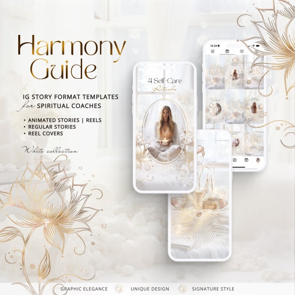 Spiritual Instagram Story Templates: white, gold in Canva | Animated Stories | Reel Covers | Holistic Coach | Fantasy & Goddess Social Feed