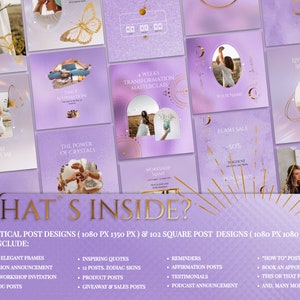 Spiritual Instagram Post Templates for online Reiki coach or Yoga business.

This lavender, purple and gold esthetician social media feed is created in Canva. Perfect and magical IG feed!