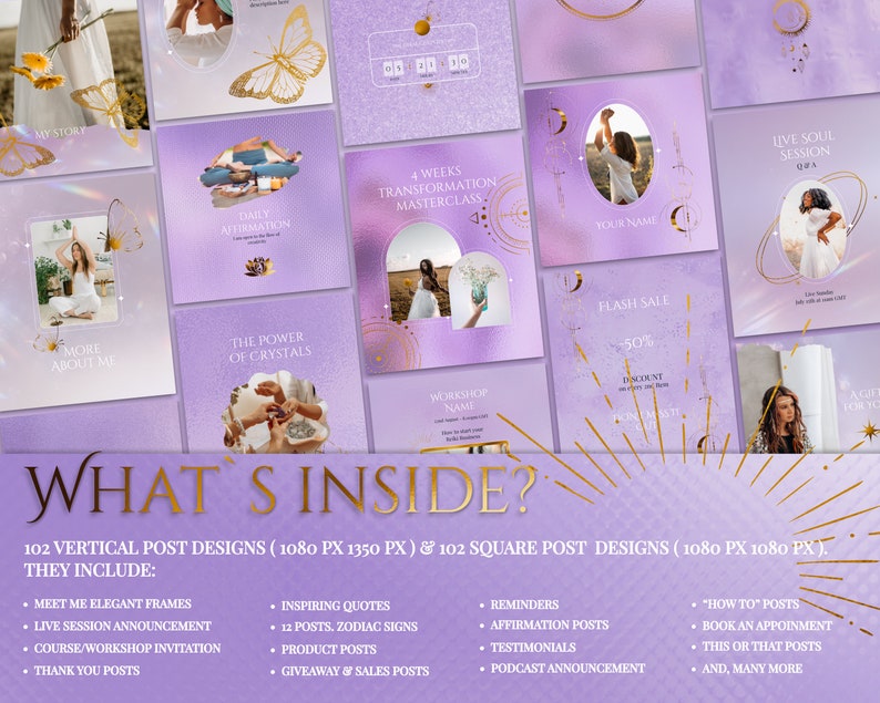 Spiritual Instagram Post Templates for online Reiki coach or Yoga business.

This lavender, purple and gold esthetician social media feed is created in Canva. Perfect and magical IG feed!
