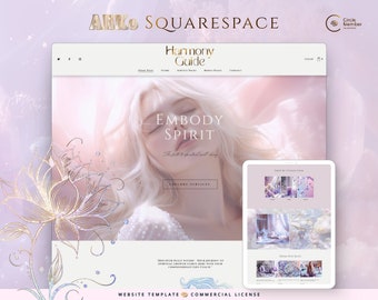 May include: Website template for a spiritual wellness business called Harmony Guide. The website features a pink and white color scheme with a lotus flower design and the text "Embody Spirit" in a large font.