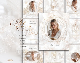 Spiritual Business Instagram Kit, Canva Posts, Reels, Icons for Holistic Business: White & Gold Designs