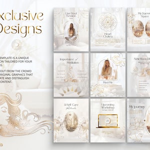 Spiritual Instagram: Elevate your feed with divine White & Gold Canva Templates. Perfect for Holistic and Reiki Coaches, crafting a mystic social media journey. Inspire with affirmations and healing visuals.