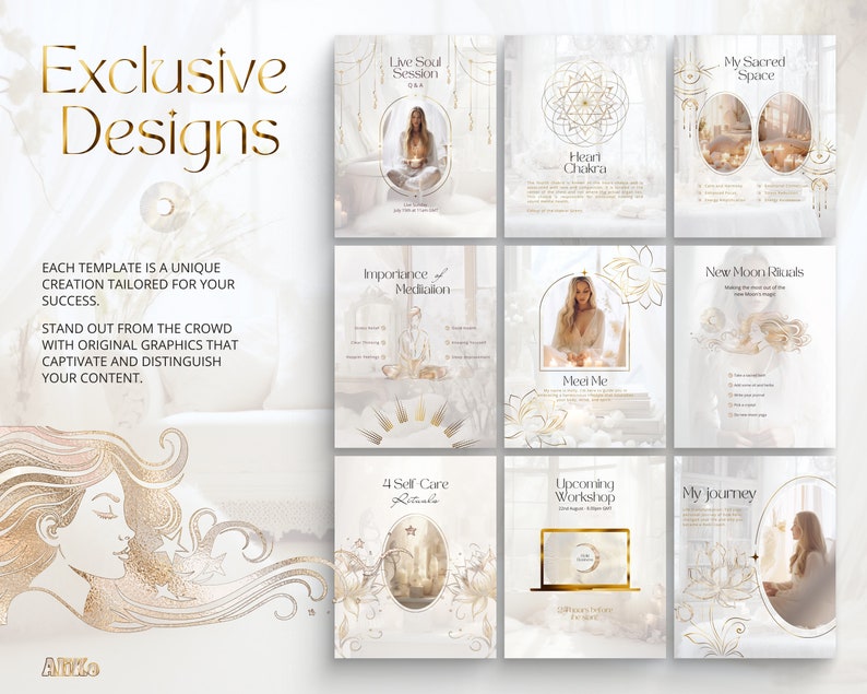 Spiritual Instagram: Elevate your feed with divine White & Gold Canva Templates. Perfect for Holistic and Reiki Coaches, crafting a mystic social media journey. Inspire with affirmations and healing visuals.