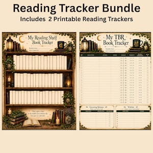 Op de afbeelding: Een lees-trackerbundel met twee printbare vellen. Het linkerblad is een boekenplank-tracker met lege boeken, een lantaarn en een mok. Het rechterblad is een TBR-boek-tracker met kolommen voor boekdetails, aankomende releases en een sectie voor een verlanglijstje.