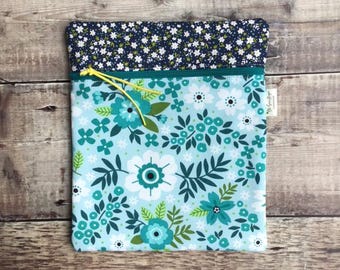 Bolsa pequeña azul con estampado floral para punto de cruz, bolsa de costura, organizador de proyectos de punto de cruz