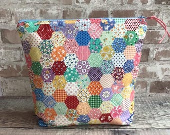 Hexi Patchwork Theme Project Bag, Zippered Pouch, Knitting Crochet Supplies