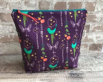 Birds Butterfly Project Bag, Zippered Pouch, Knitting Crochet Supplies
