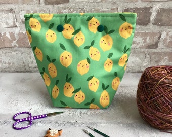 Lemon Fruit Project Bag, Lemon Sock Yarn Bag, Summer Knitting Gift, Yarn Bowl, Sock Yarn Holder, Crochet Fabric Bag