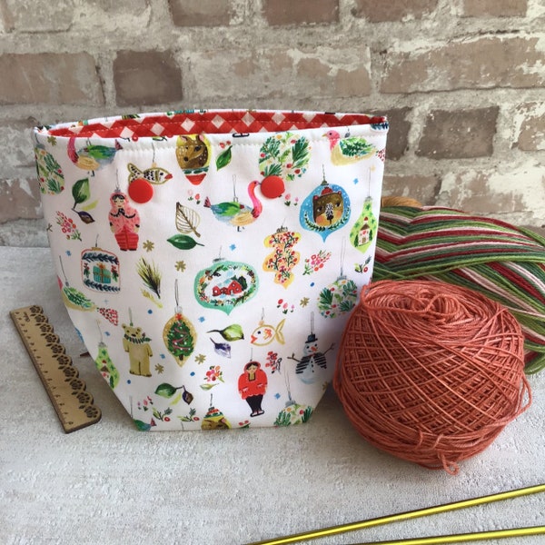 Christmas Sock Yarn Tub, Trees Yarn Keeper, Yarn Bowl, Sock Yarn Holder, Crochet Fabric Bag