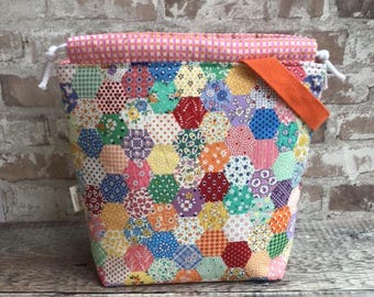 Hexagon Patchwork Theme Cotton Knitting Bag, Project Bag