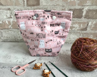 Cat Project Bag, Cat Kitty Sock Yarn Bag, Summer Knitting Gift, Yarn Bowl, Sock Yarn Holder, Crochet Fabric Bag