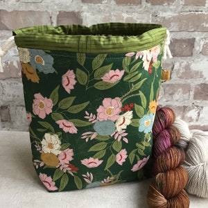 Green Moda Floral Project Bag, Knitting Crochet Bag, Shawl Knitting Bag, Sock Yarn Bag, Moda Easter Mothers Day Gift