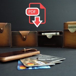 Conjunto minimalista de padrão de suporte de cartão de couro, pacote de padrão de suporte de cartão de bolso de dinheiro, suporte de cartão de couro pdf com furos de ponto marcados