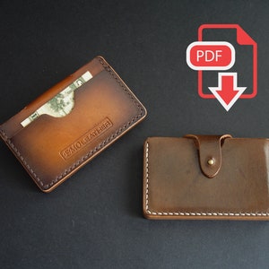 Patrón tarjetero cuero minimalista horizontal, patrón tarjetero bolsillo dinero, tarjetero cuero PDF con agujeros de puntada marcados
