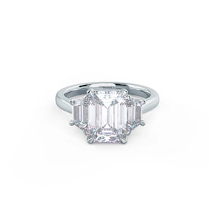 Three Stone Emerald Cut Moissanite Engagement Ring, Side Trapezoid Moissanite, 3 Stone Engagement Ring, Emerald Stone Anniversary Ring Gift