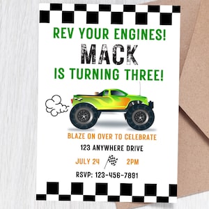 Rev Your Engines - Blaze on Over - Monster Truck Machine Birthday Party Invite - Digital Download Customizable