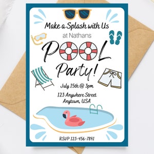 Pool Party - Birthday Invite - Summer - Downloadable Customizable Birthday Invitation Template