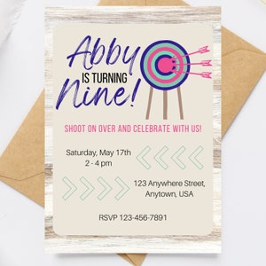 Archery - Bow and Arrow - Girl Birthday Party Invite - Downloadable Customizable Birthday Invitation Template