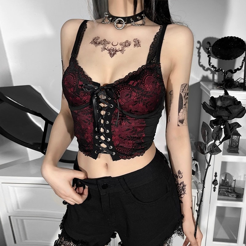 Cheap Gothic Clothes V Neck Lace Flare Sleeve Tee Women See Through Mall  Streetwear Emo Crop Top Punk Grunge Fashion Sexy Tops