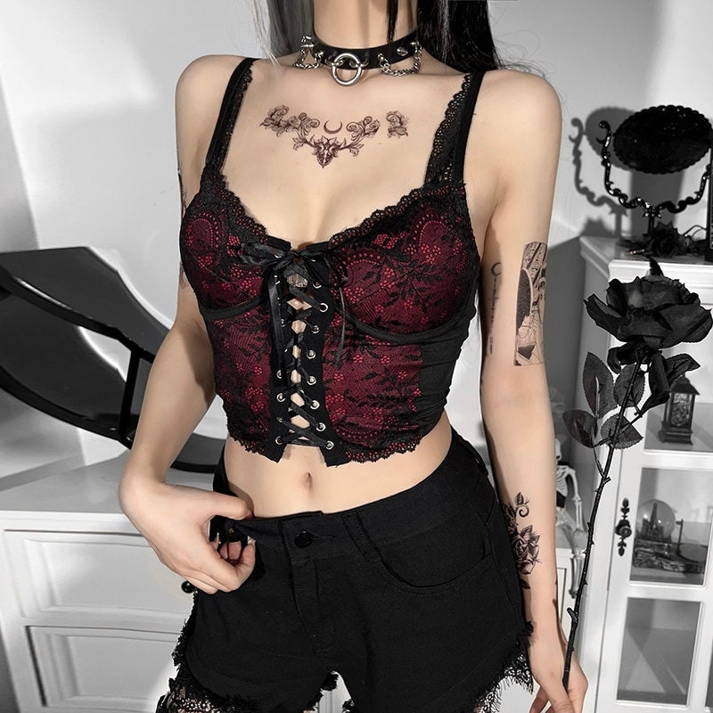 Summer Sling Goth Y2K Women Crop Tops Ladies Vest Camisole Corset Fashion  Lace E-Girls Tank Top Tube Top Gothic Punk …