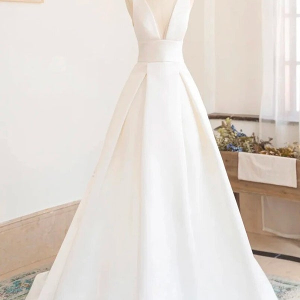 A-Line Wedding Dress Deep V-Neck Sleeveless Bridal