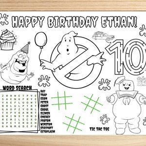 Personalized Ghost Birthday Activity Placemat, frozen empire party, Ectomobile, Slimer Party Coloring Page, Stay Puft Marshmallow Man Favors