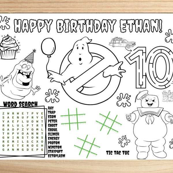 Personalized Ghost Birthday Activity Placemat, frozen empire party, Ectomobile, Slimer Party Coloring Page, Stay Puft Marshmallow Man Favors