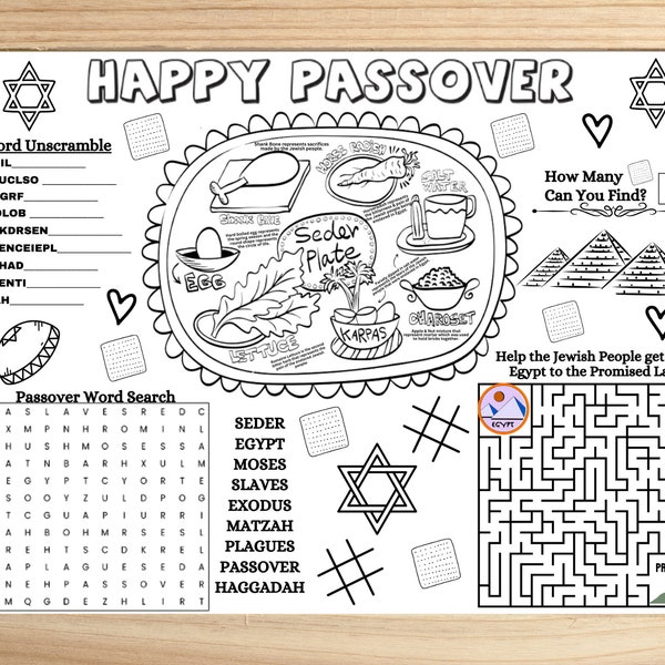 Kids Passover Pesach Activity Printable Placemat, Passover Seder Plate Activity, Printable Jewish Holiday Activities Passover Coloring Page