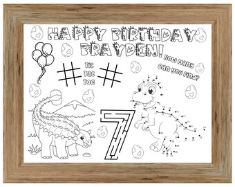 Dinosaur Birthday Activity Sheet, Personalized Dinosaur Birthday Party Placemat, Dinosaur Theme Party Favor, Custom Dinosaur Coloring Sheet