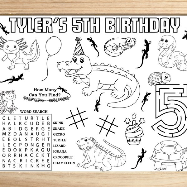 Feuille d'activités pour fête d'anniversaire sur le thème des reptiles, cadeau de fête animaux reptiles, feuille à colorier reptiles, napperon fête reptiles, feuille personnalisée