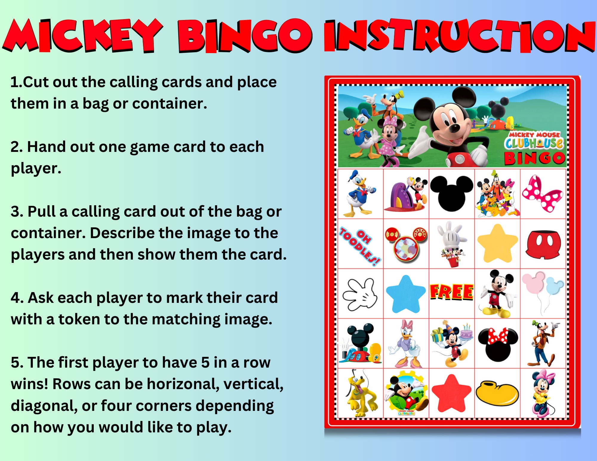 Mickey Mouse Clubhouse Bingo Game, 20 Different Cards, INSTANT DOWNLOAD ...