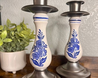 Vintage Blue & White Ceramic and Silver Tone Metal Candlestick Holders || Ceramic Metal Delft Blue Style Floral Candlesticks