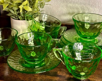 ON SALE - Uranium Glass Cups & Saucers | Green Depression Glass | Jeannette Glass Co | Anchor Hocking Glass