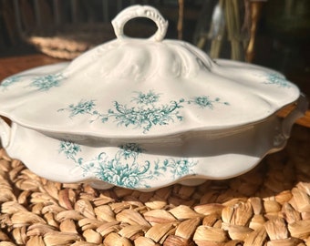 ON SALE - Antique East Liverpool Pottery Company Teal Floral Tureen | Antique Casserole Dish