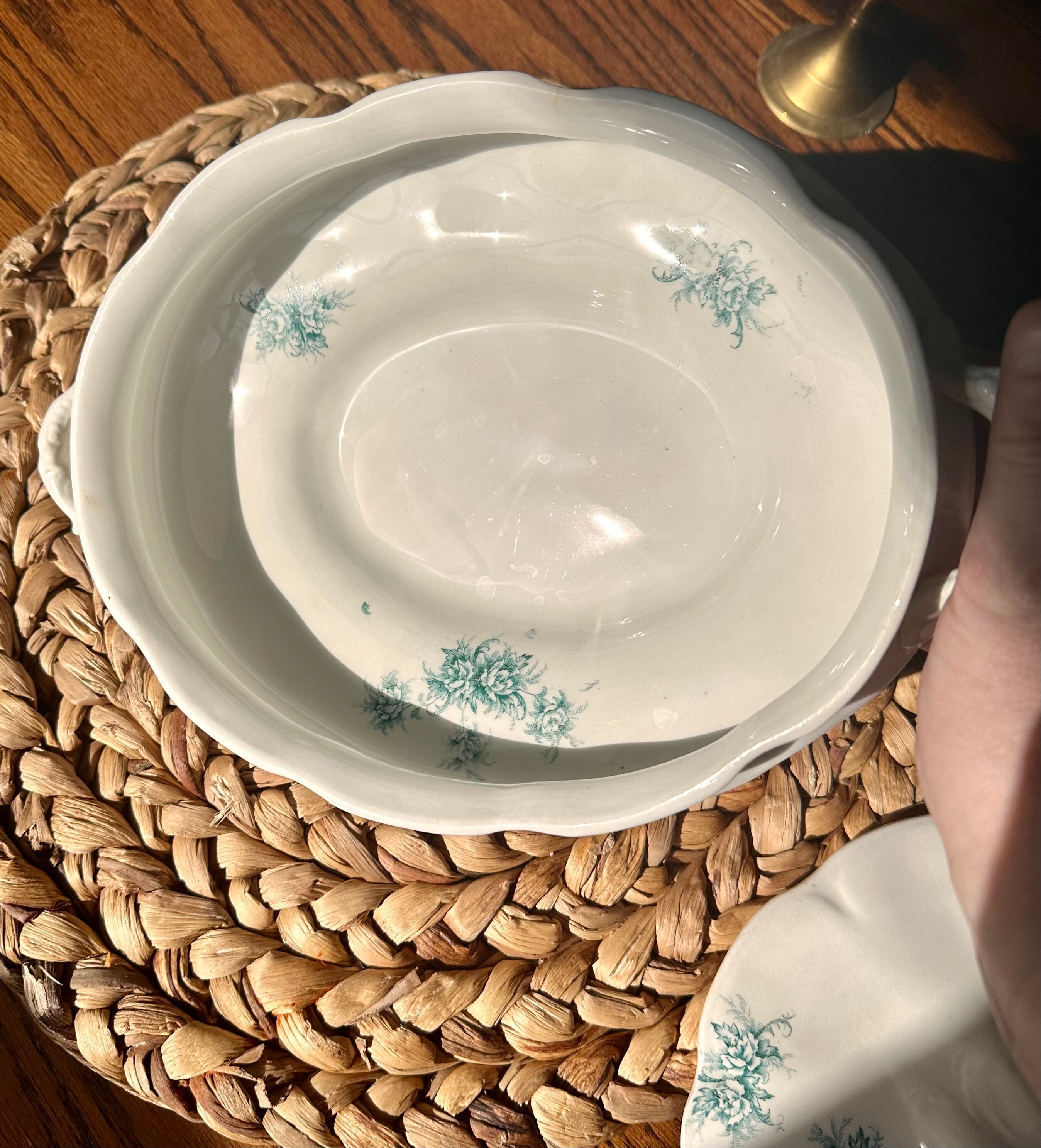 Antique East Liverpool Pottery Company Teal Floral Tureen Antique