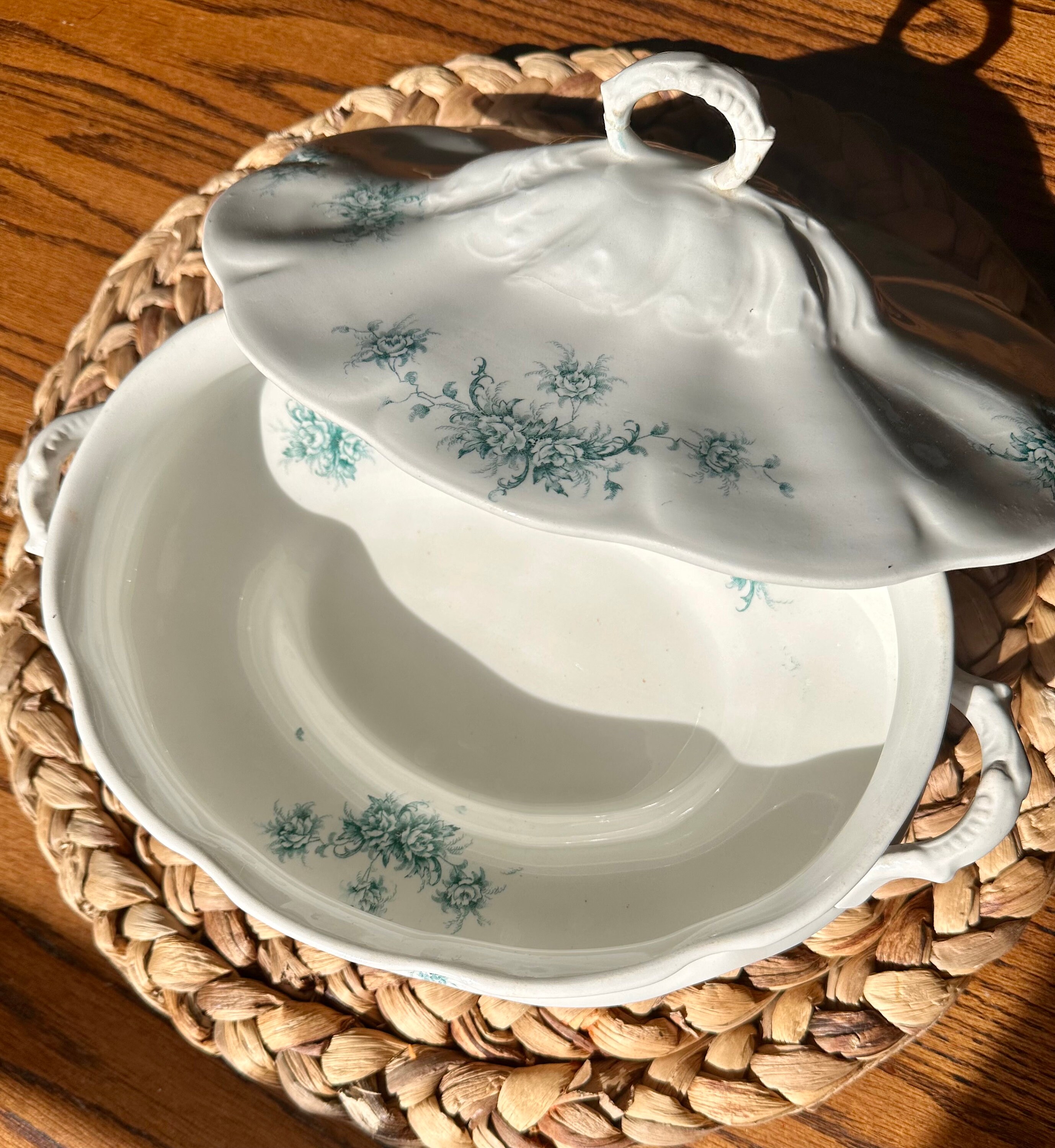 Antique East Liverpool Pottery Company Teal Floral Tureen Antique