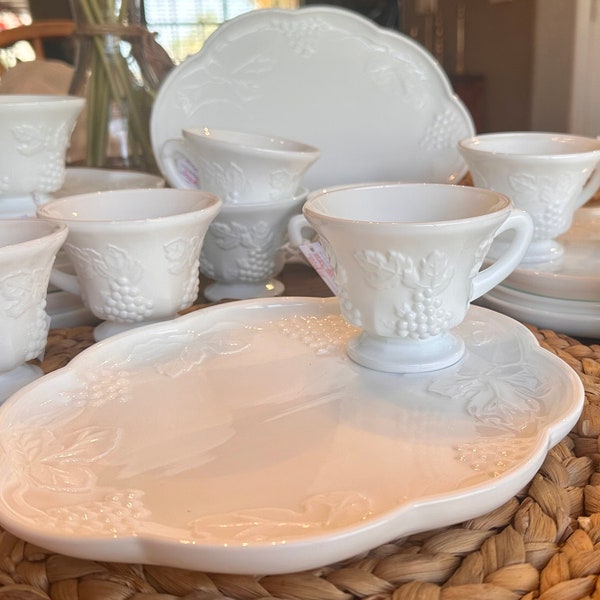 Indiana Glass Colony Harvest Grape Milk Glass Luncheon Plate and Cup 1 Settings