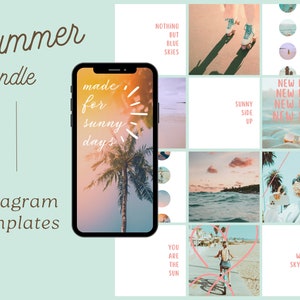 Paquete de plantillas de Instagram de 150 verano / Iconos destacados / Publicaciones + Historias / Plantilla de Instagram Canva / Plantilla de cotización / Tablero de ajedrez / Playa