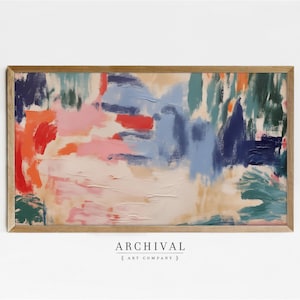 May include: Abstract painting in a wooden frame with a colorful design of red, orange, pink, blue, and green brushstrokes.