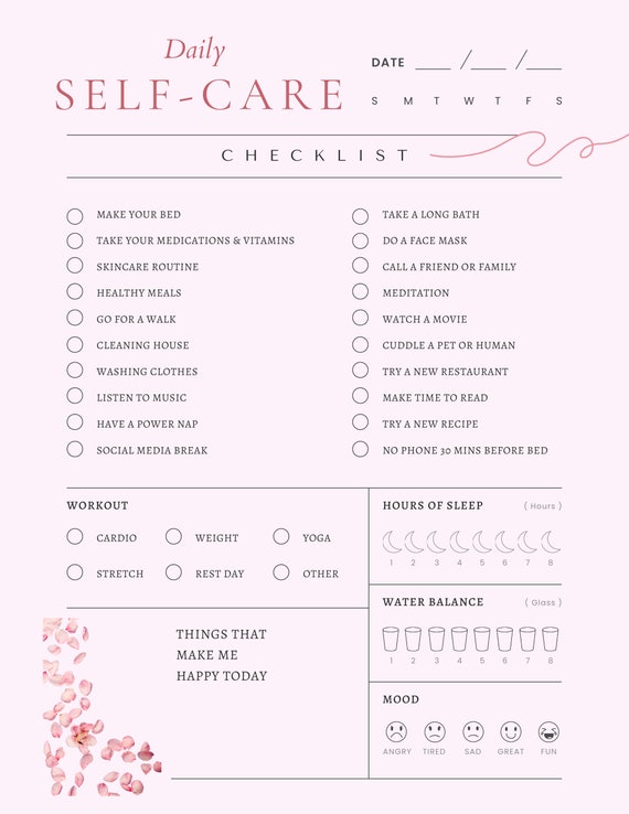 Self-Care Planner |Printable| Light Pink| Daily Practice| Mental Health | 11.5in x8 in Digital Download