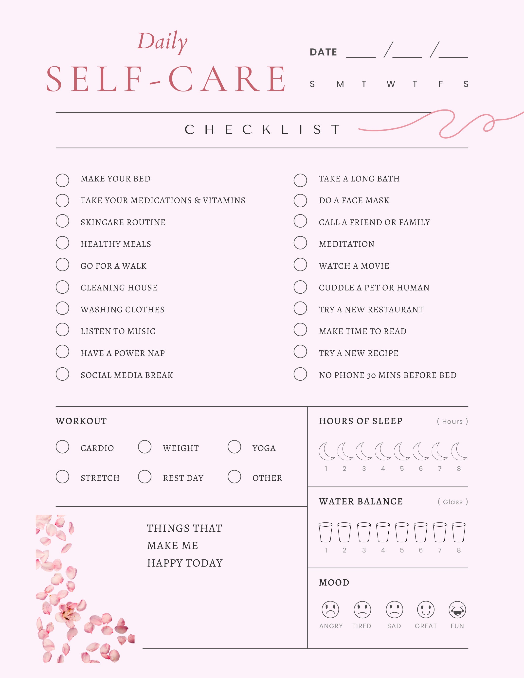 Self-Care Planner |Printable| Light Pink| Daily Practice| Mental Health | 11.5in x8 in Digital Download