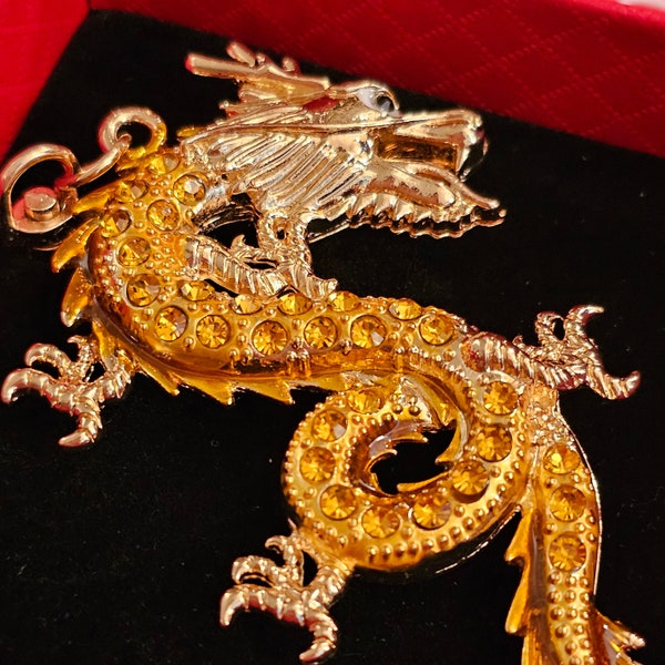 Dragon Keychain Gold with amber rhinestones charm in box, Symbol of 2024 year of Dragon