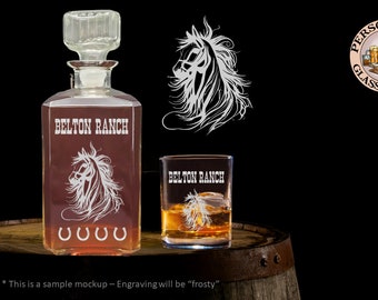 Horse Ranch Engraved Whiskey Decanter Set, Personalized Decanter, Liquor Decanter Bottle & Whiskey Glasses, Gift Set, Includes Ranch Name