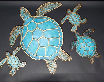 Sea Turtles Wall Hanging, Sea Turtle Family, Baby Turtle Wall Display, Hand Painted Ocean Sea Turtle Wall Hanging, School of Fish