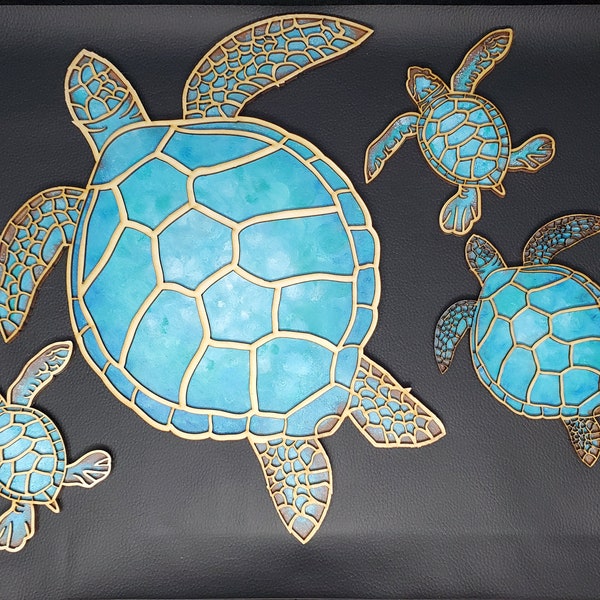 Sea Turtles Wall Hanging, Sea Turtle Family, Baby Turtle Wall Display, Hand Painted Ocean Sea Turtle Wall Hanging, School of Fish